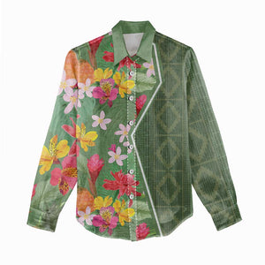 Afro Tropical Flowers Women Casual Shirt Green Version