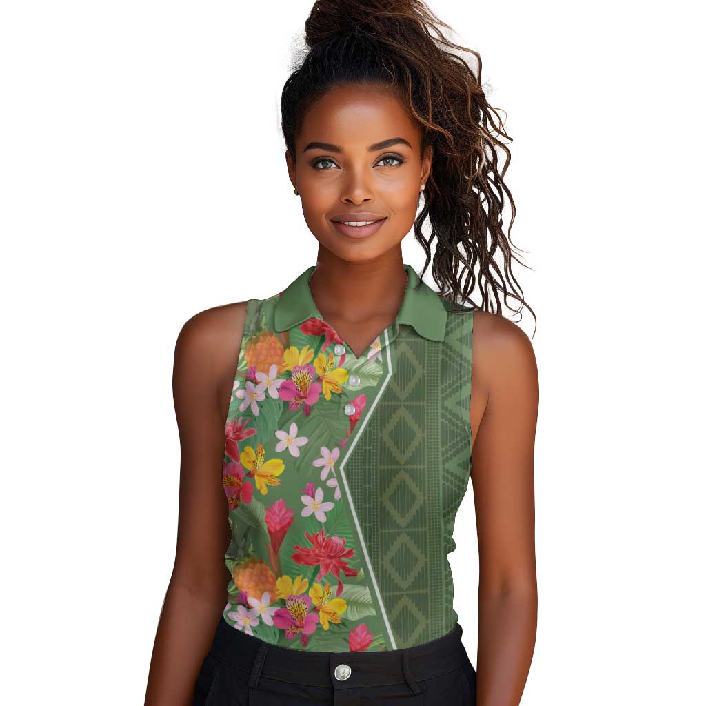 Afro Tropical Flowers Women Sleeveless Polo Shirt Green Version