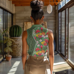 Afro Tropical Flowers Women Sleeveless Polo Shirt Green Version