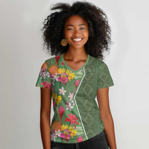 Afro Tropical Flowers Women V-Neck T-Shirt Green Version