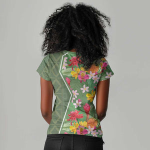 Afro Tropical Flowers Women V-Neck T-Shirt Green Version