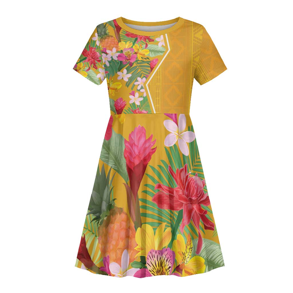 Afro Tropical Flowers Kid Short Sleeve Dress Yellow Version