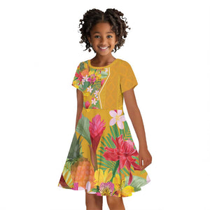 Afro Tropical Flowers Kid Short Sleeve Dress Yellow Version