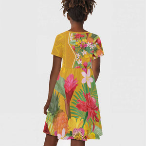 Afro Tropical Flowers Kid Short Sleeve Dress Yellow Version