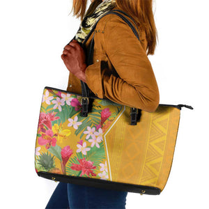 Afro Tropical Flowers Leather Tote Bag Yellow Version