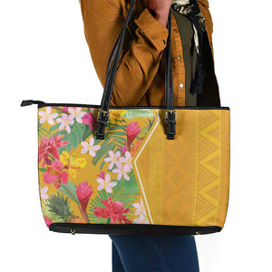 Afro Tropical Flowers Leather Tote Bag Yellow Version