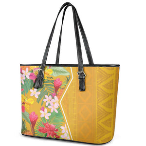 Afro Tropical Flowers Leather Tote Bag Yellow Version