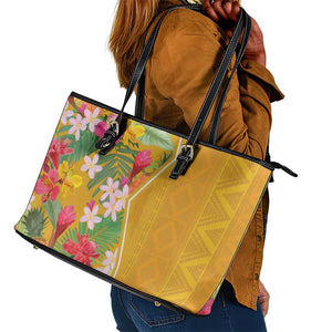 Afro Tropical Flowers Leather Tote Bag Yellow Version