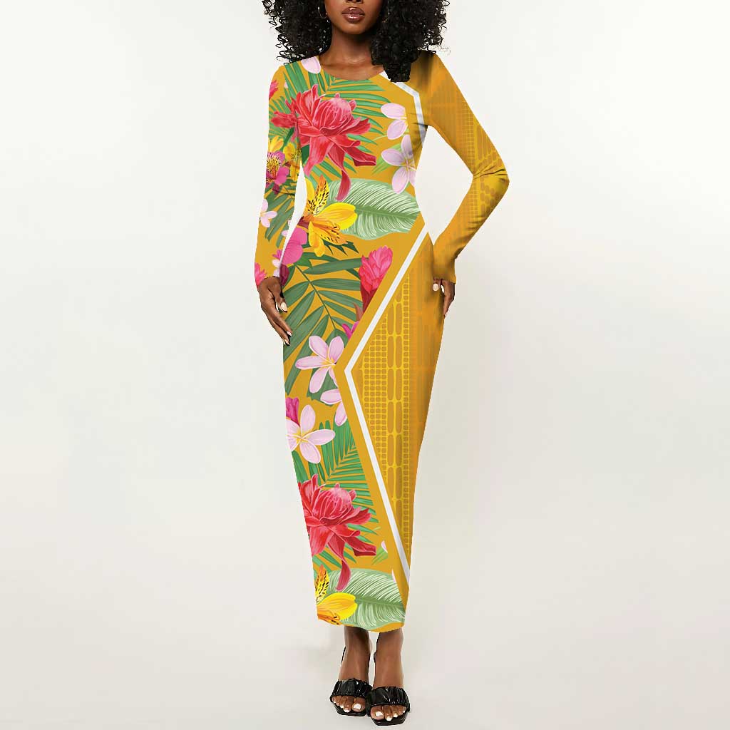 Afro Tropical Flowers Long Sleeve Bodycon Dress Yellow Version