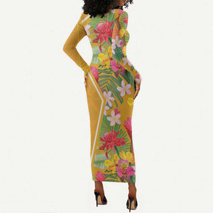 Afro Tropical Flowers Long Sleeve Bodycon Dress Yellow Version