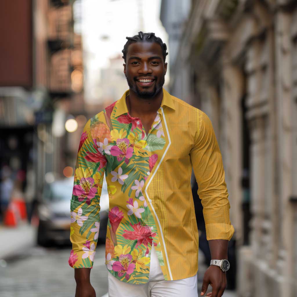 Afro Tropical Flowers Long Sleeve Button Shirt Yellow Version