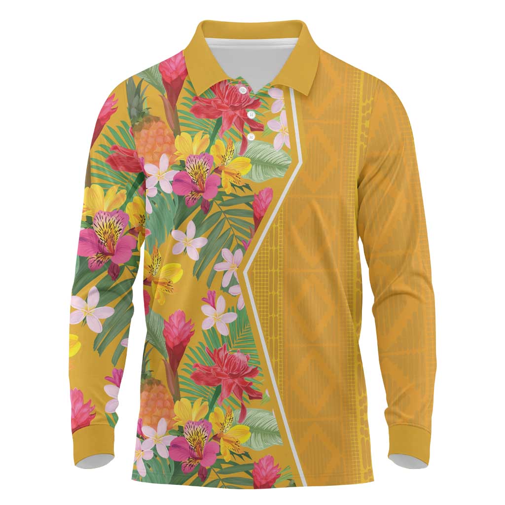 Afro Tropical Flowers Long Sleeve Polo Shirt Yellow Version