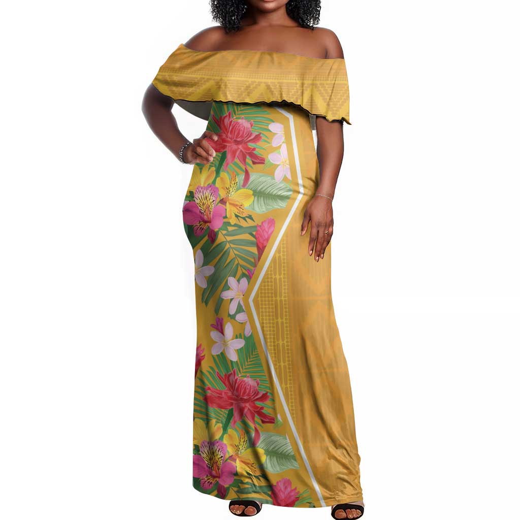 Afro Tropical Flowers Off Shoulder Maxi Dress Yellow Version