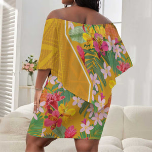 Afro Tropical Flowers Off Shoulder Short Dress Yellow Version