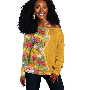 Afro Tropical Flowers Off Shoulder Sweater Yellow Version