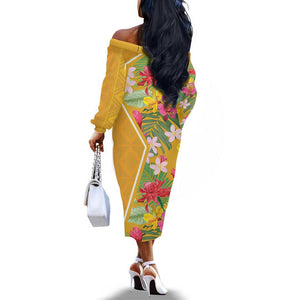 Afro Tropical Flowers Off The Shoulder Long Sleeve Dress Yellow Version