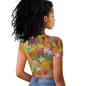 Afro Tropical Flowers Raglan Cropped T shirt Yellow Version