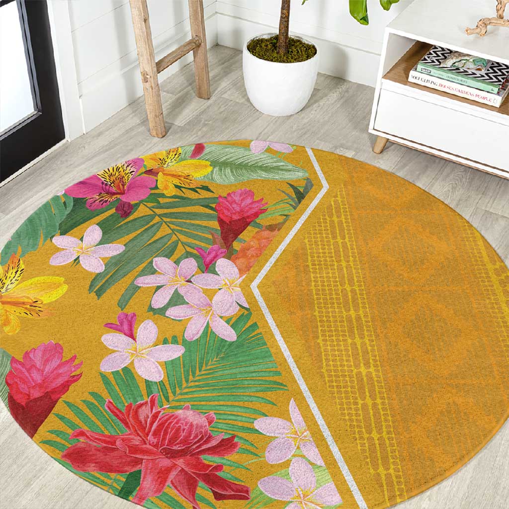 Afro Tropical Flowers Round Carpet Yellow Version