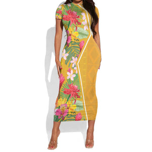 Afro Tropical Flowers Short Sleeve Bodycon Dress Yellow Version