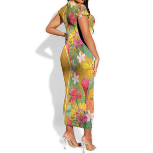 Afro Tropical Flowers Short Sleeve Bodycon Dress Yellow Version