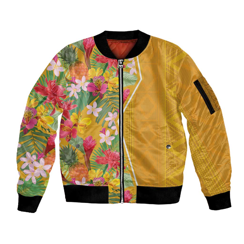 Afro Tropical Flowers Sleeve Zip Bomber Jacket Yellow Version