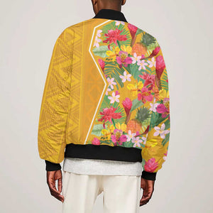 Afro Tropical Flowers Sleeve Zip Bomber Jacket Yellow Version