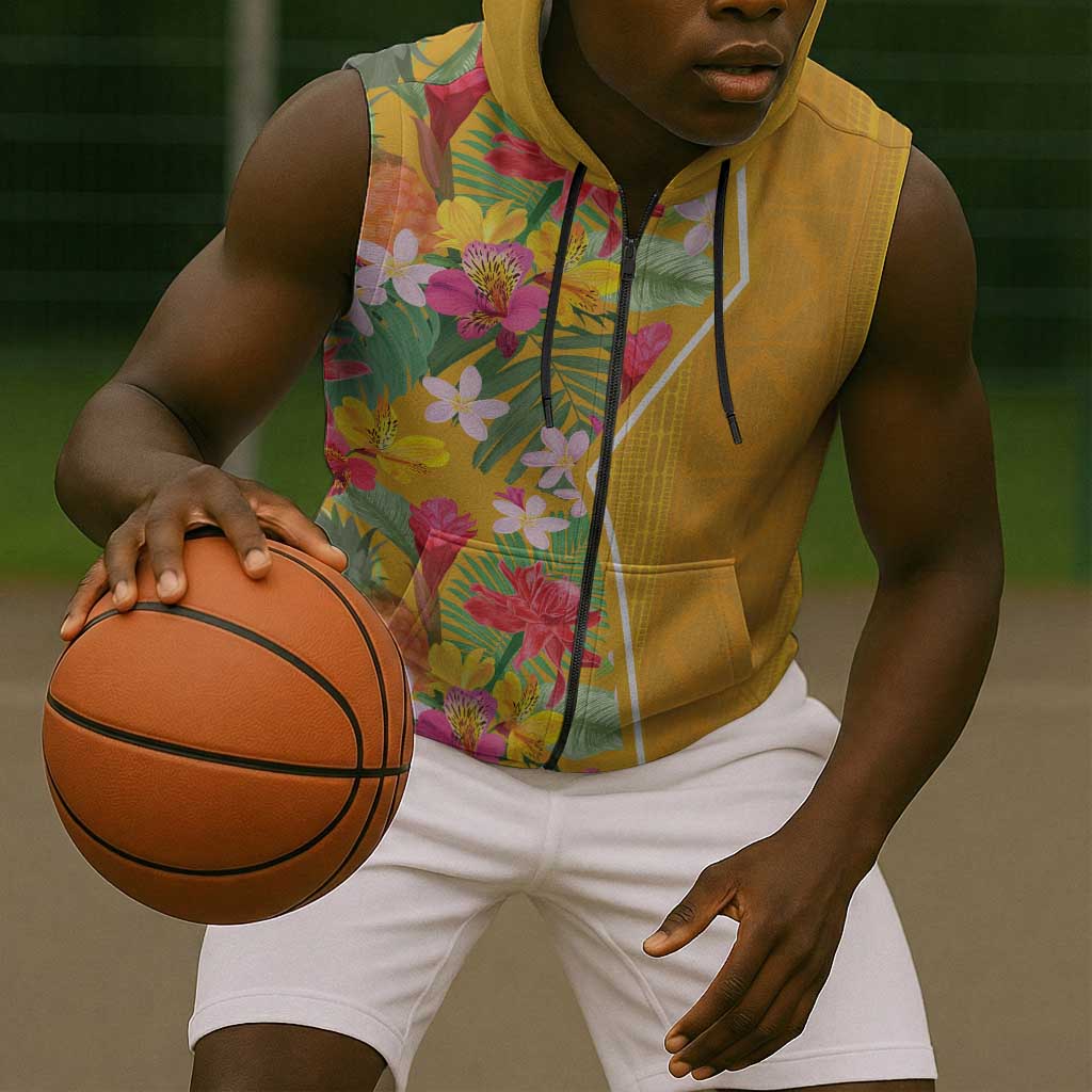 Afro Tropical Flowers Sleeveless Zip Hoodie Yellow Version - African Pride
