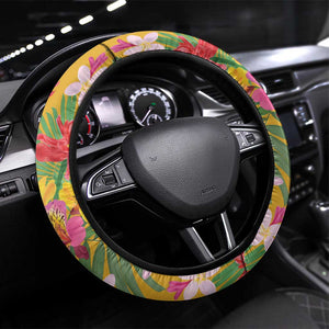 Afro Tropical Flowers Steering Wheel Cover Yellow Version