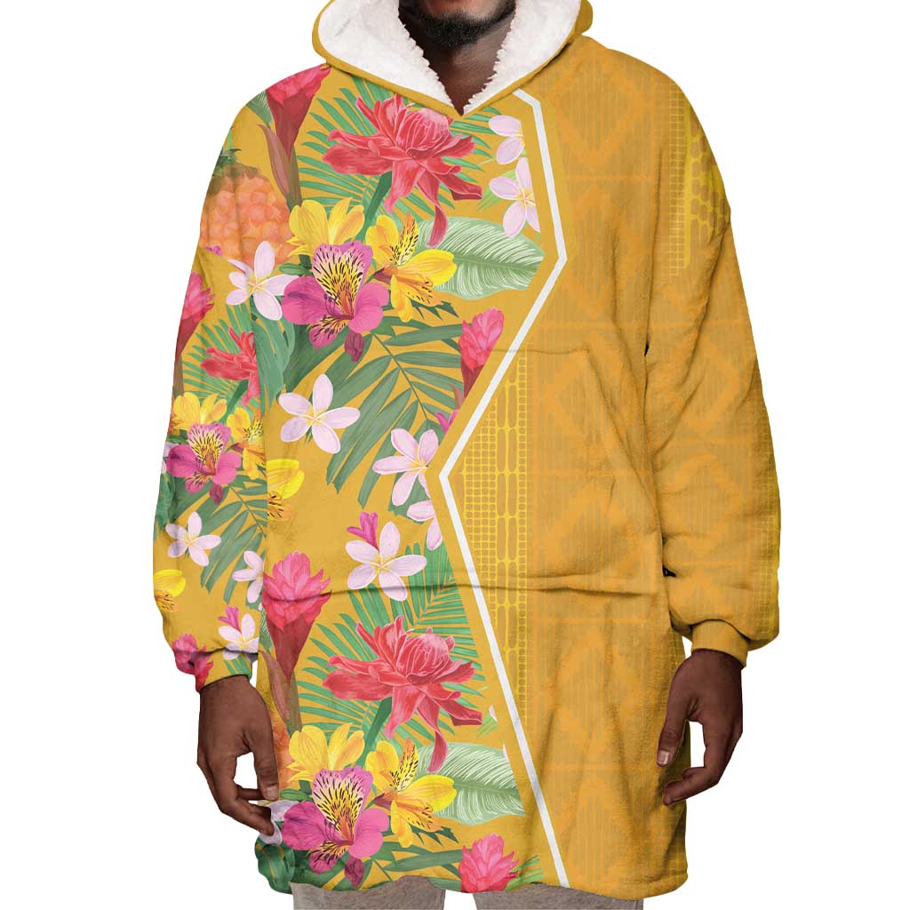 Afro Tropical Flowers Wearable Blanket Hoodie Yellow Version