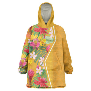 Afro Tropical Flowers Wearable Blanket Hoodie Yellow Version