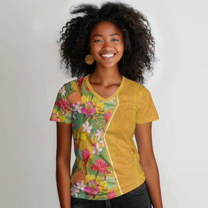 Afro Tropical Flowers Women V-Neck T-Shirt Yellow Version