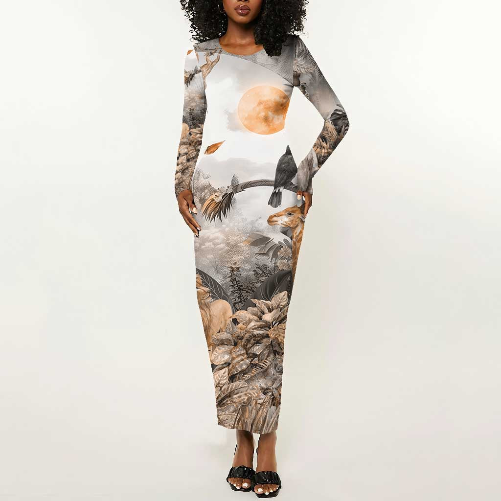 Afro Safari Animals Long Sleeve Bodycon Dress