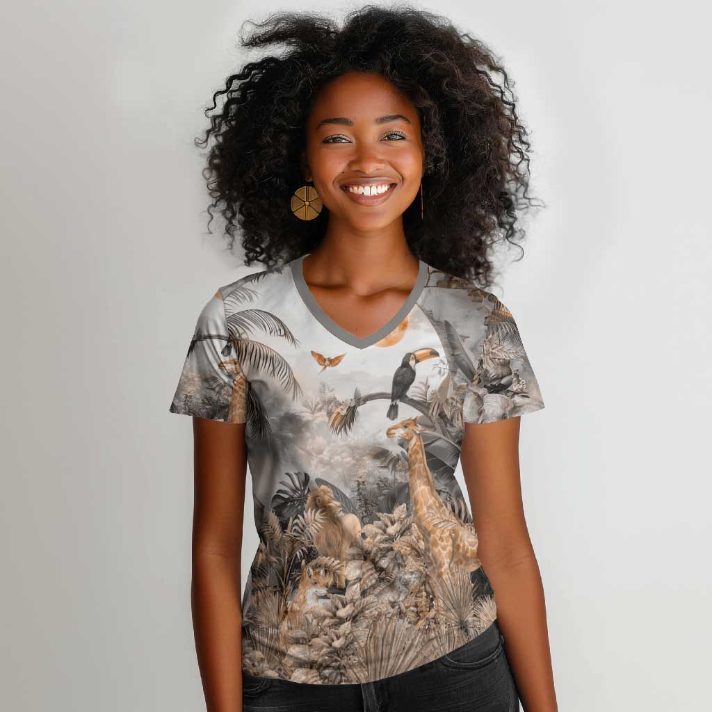 Afro Safari Animals Women V-Neck T-Shirt