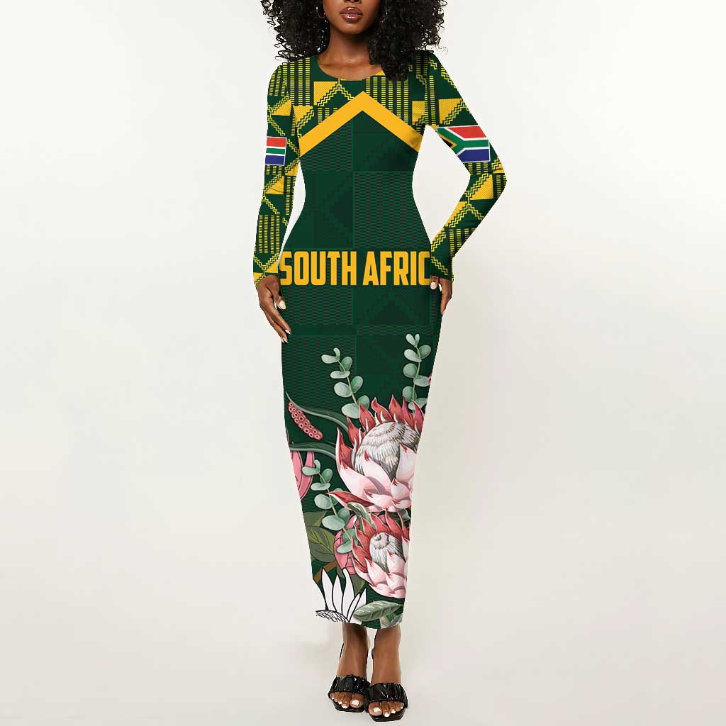 Personalized South Africa With Afro King Protea Long Sleeve Bodycon Dress Kente Patterns