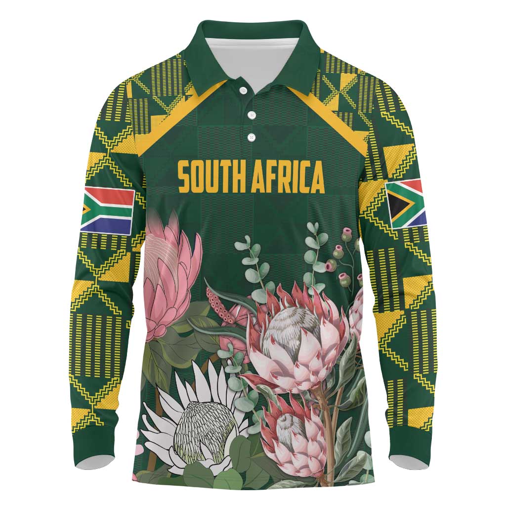 Personalized South Africa With Afro King Protea Long Sleeve Polo Shirt Kente Patterns