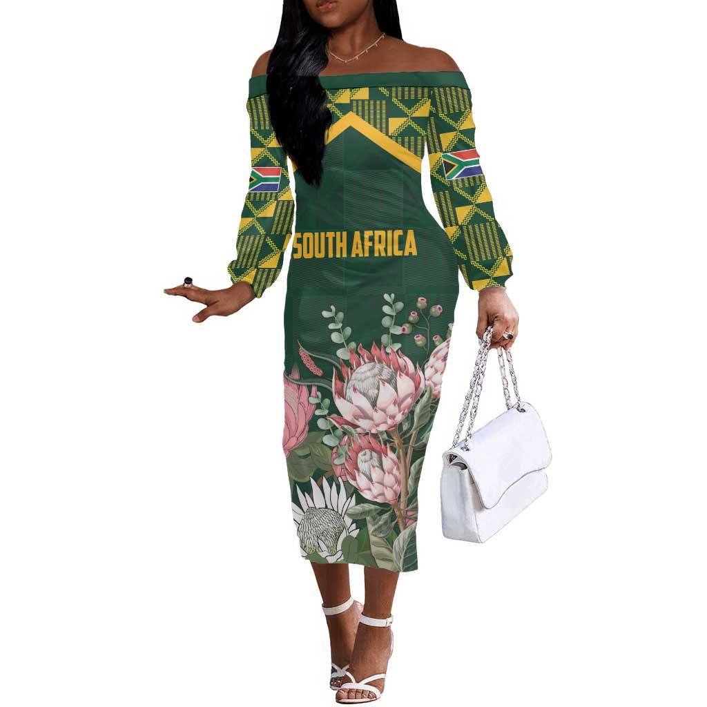 Personalized South Africa With Afro King Protea Off The Shoulder Long Sleeve Dress Kente Patterns