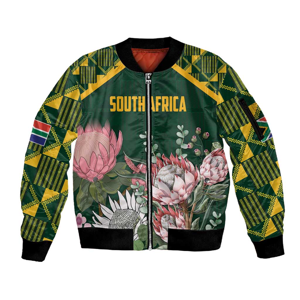 Personalized South Africa With Afro King Protea Sleeve Zip Bomber Jacket Kente Patterns