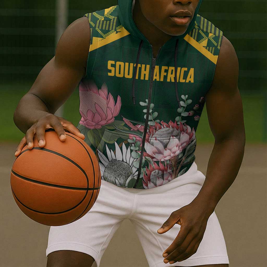 Personalized South Africa With Afro King Protea Sleeveless Zip Hoodie Kente Patterns - African Pride