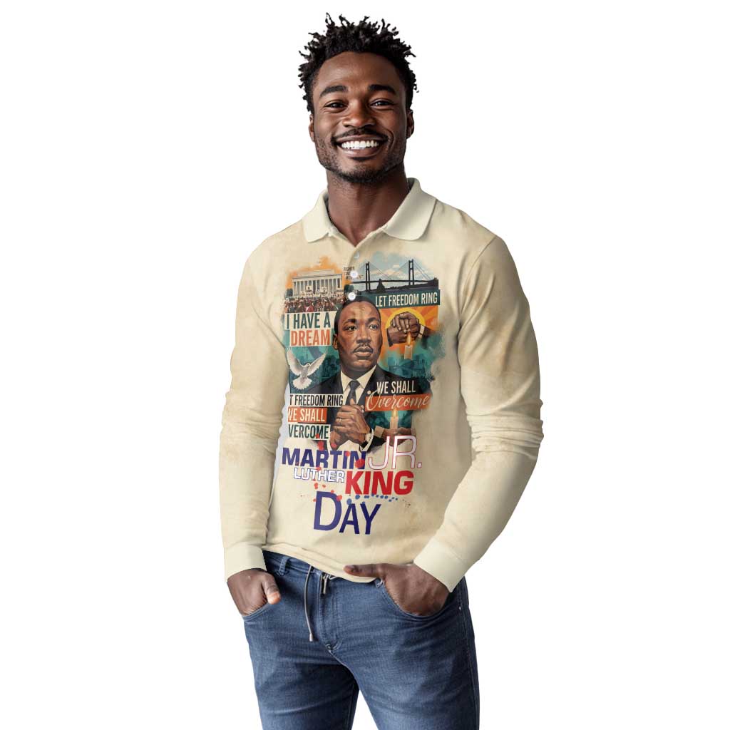 Martin Luther King MLK Long Sleeve Polo Shirt I Have a Dream Vintage Art - African Pride