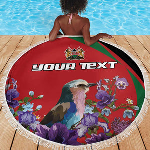 Personalized Afro Kenya Lilac Breasted Roller Beach Blanket With Violet Flowers