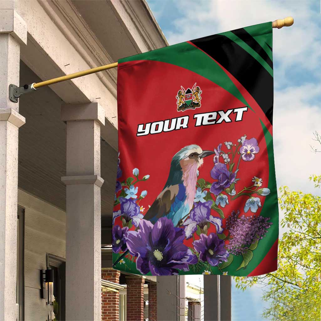 Personalized Afro Kenya Lilac Breasted Roller Garden Flag With Violet Flowers