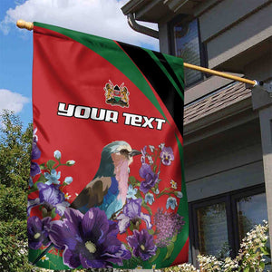 Personalized Afro Kenya Lilac Breasted Roller Garden Flag With Violet Flowers