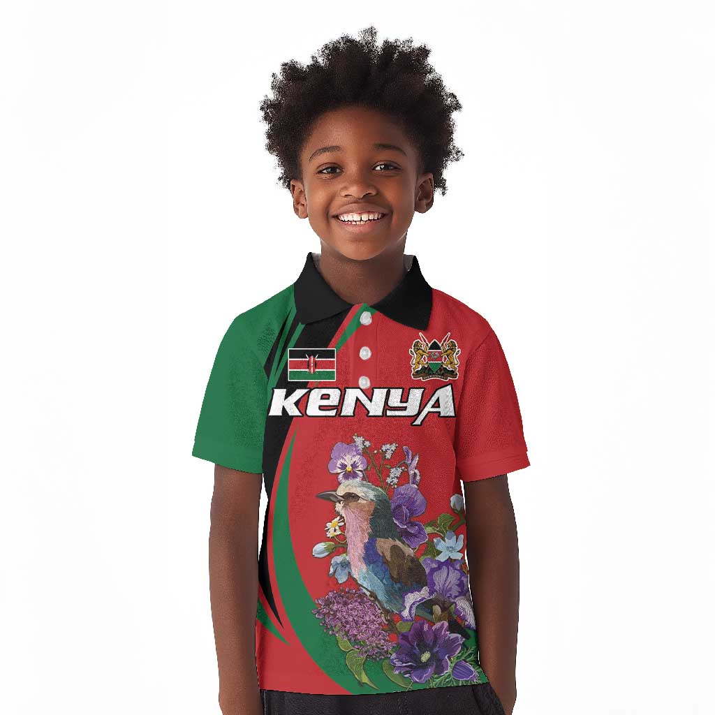 Personalized Afro Kenya Lilac Breasted Roller Kid Polo Shirt With Violet Flowers