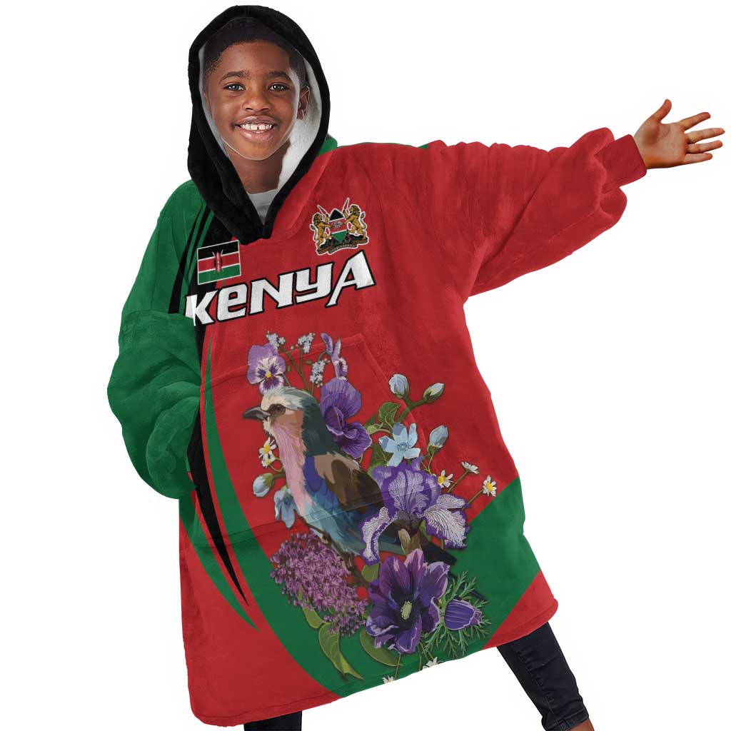 Personalized Afro Kenya Lilac Breasted Roller KId Wearable Blanket Hoodie With Violet Flowers