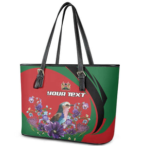 Personalized Afro Kenya Lilac Breasted Roller Leather Tote Bag With Violet Flowers