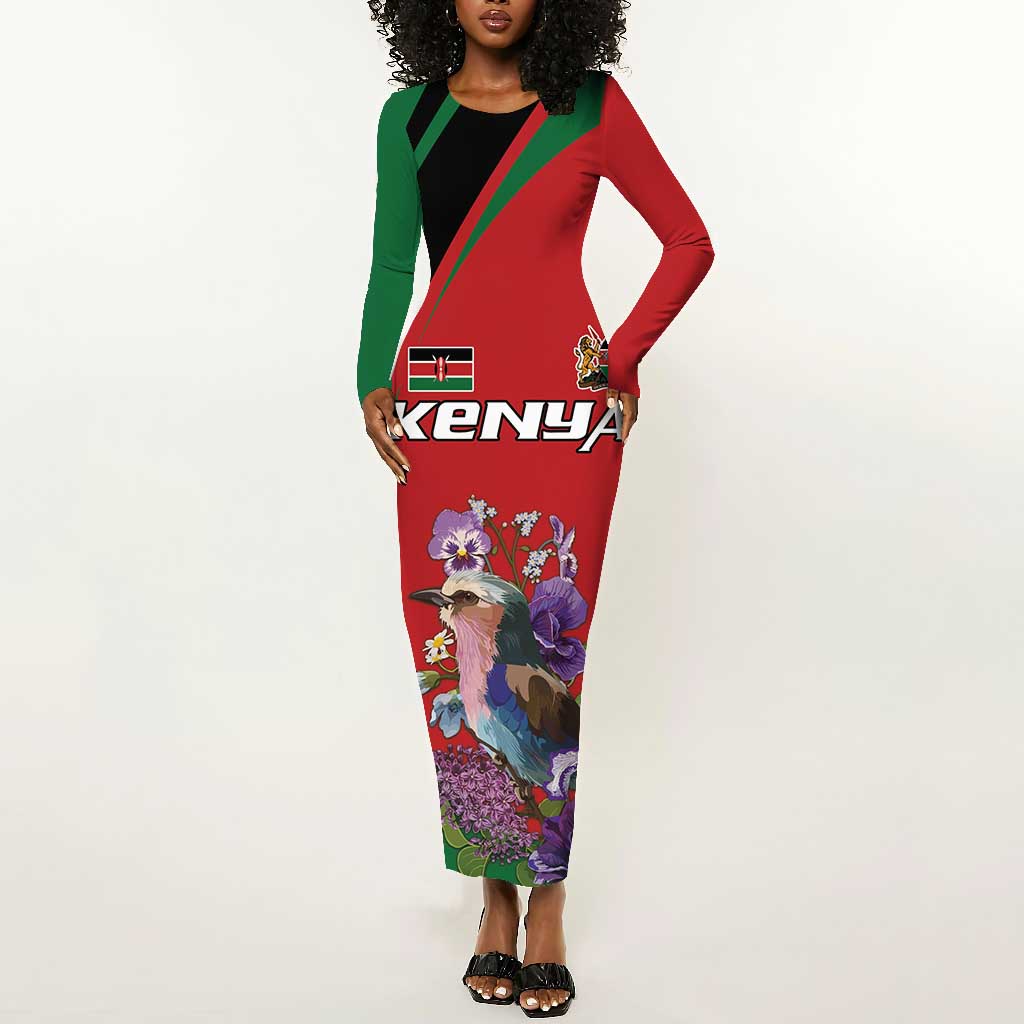 Personalized Afro Kenya Lilac Breasted Roller Long Sleeve Bodycon Dress With Violet Flowers