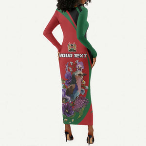 Personalized Afro Kenya Lilac Breasted Roller Long Sleeve Bodycon Dress With Violet Flowers