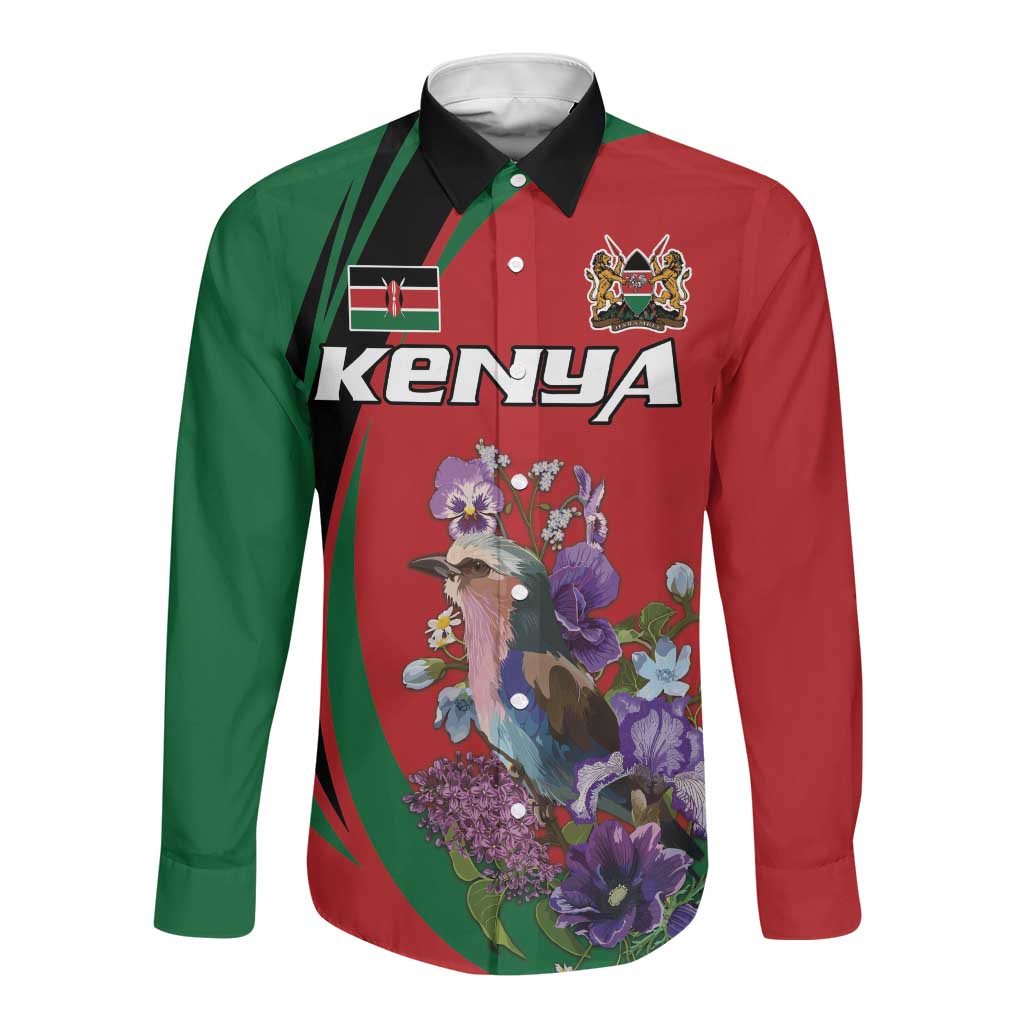 Personalized Afro Kenya Lilac Breasted Roller Long Sleeve Button Shirt With Violet Flowers