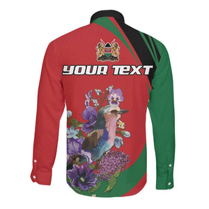 Personalized Afro Kenya Lilac Breasted Roller Long Sleeve Button Shirt With Violet Flowers