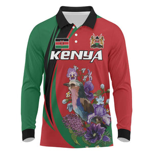 Personalized Afro Kenya Lilac Breasted Roller Long Sleeve Polo Shirt With Violet Flowers